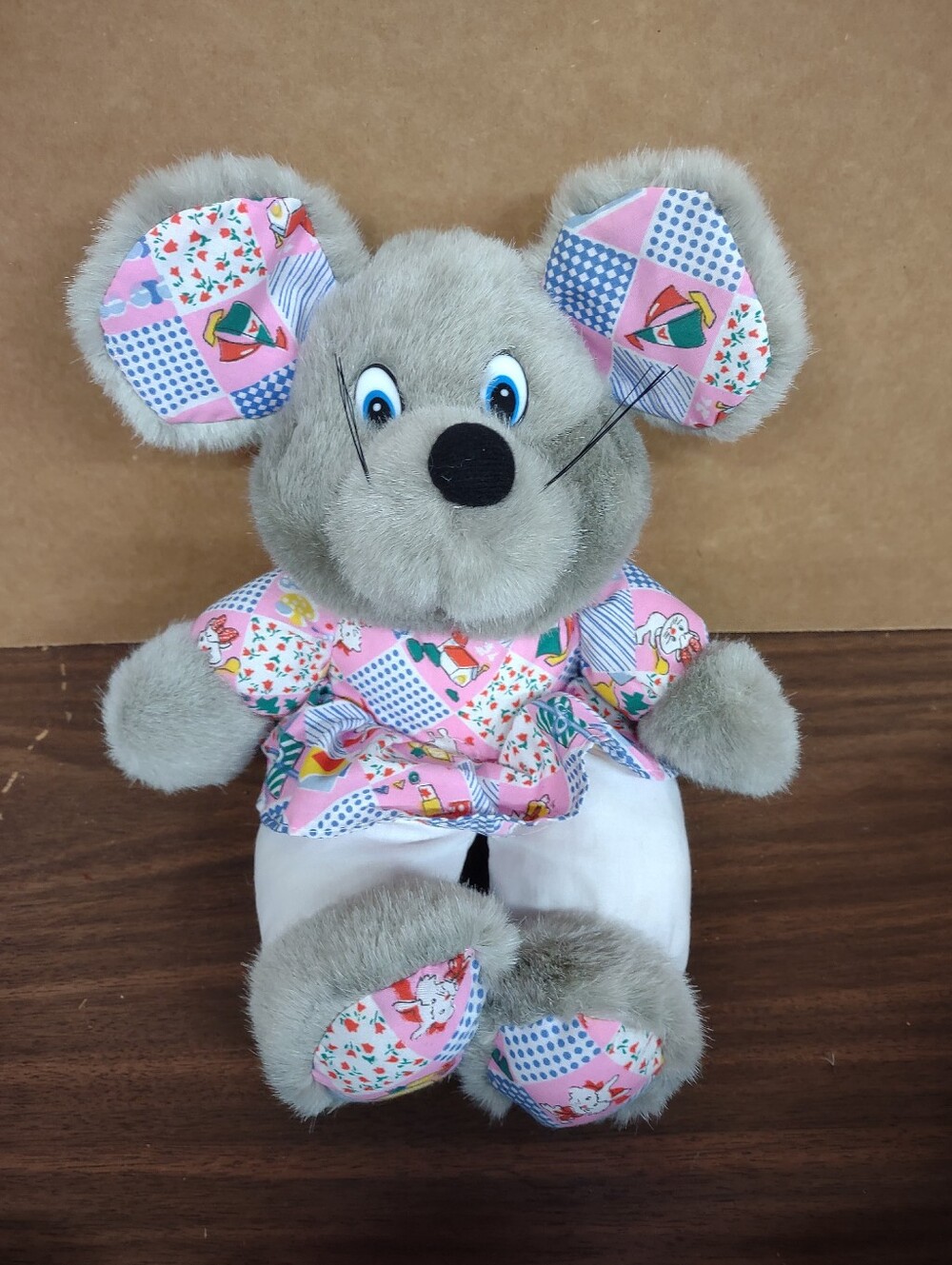 HYT  Plush White Mouse 12” Vintage Stuffed Animal Toy Gray Blue Pink